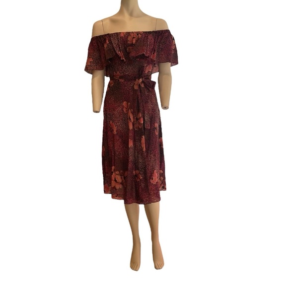 Vintage Floral Ruffled off the shoulder red and black midi dress Women’s Size 6 - Picture 8 of 10